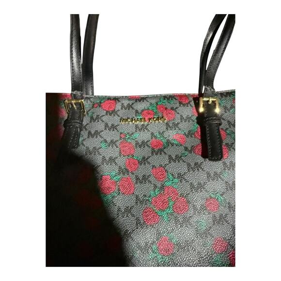 Michael Kors Tote Bag Black Rose Floral MK Monogram Satchel Handbag Purse - Picture 4 of 12